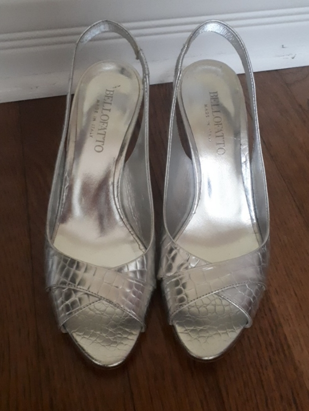 Belloritto Silver Croc-Texture Slingback Heels